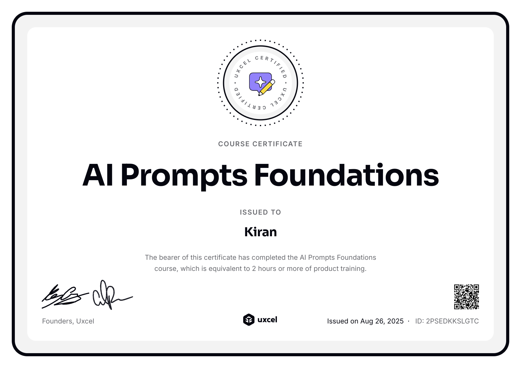 Kiran's certificate
